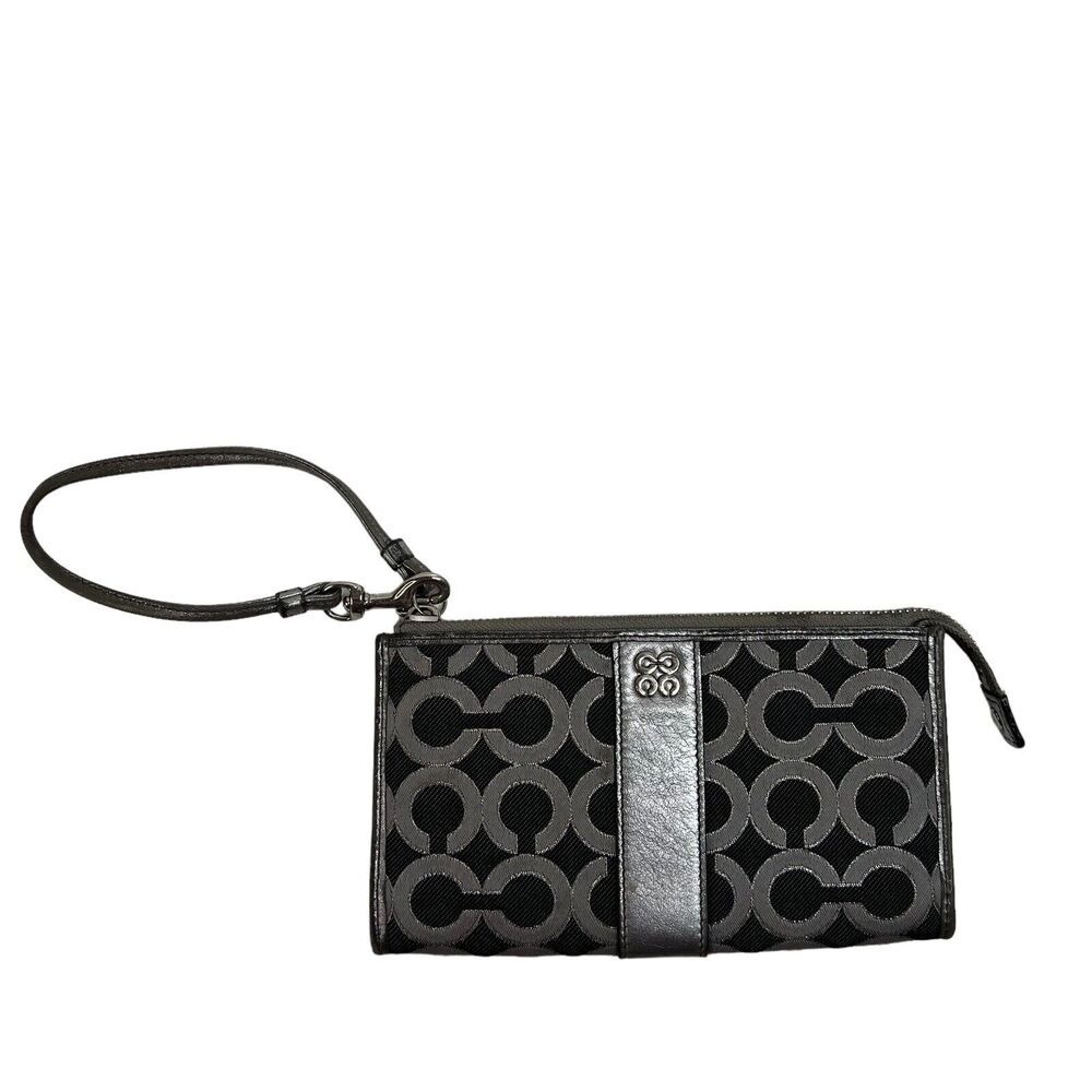 COACH Julia OP Signature Lurex Silver Black Clutch Zippy Wallet Large Wristlet